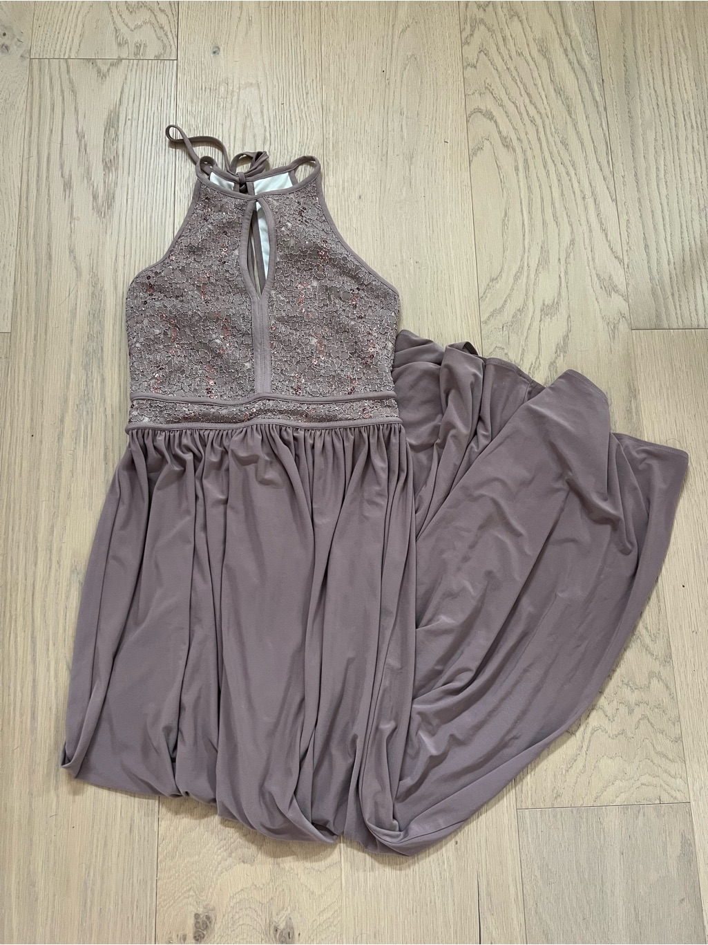 Morgan & Co. Dusty Tan Brown Lace Halter Dress Like New